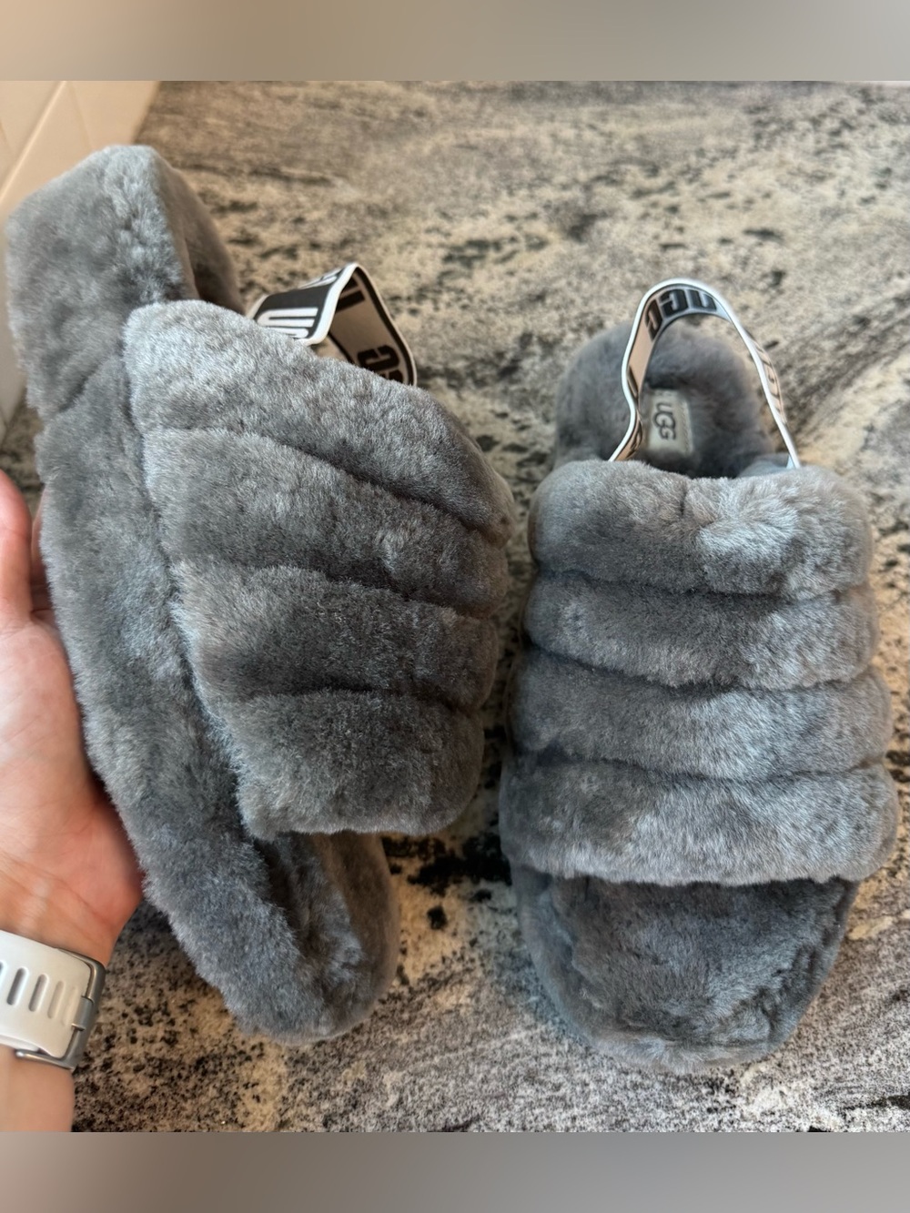 UGG Fluff Yeah Slide in the Charcoal. W 9. New in box.